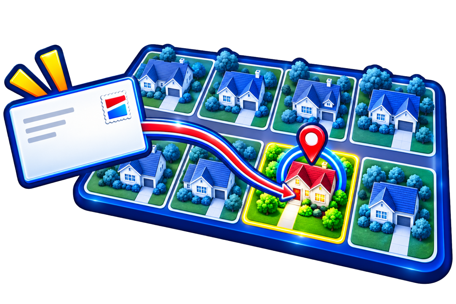 A mailpiece flying directly to one chosen home on a neighborhood map