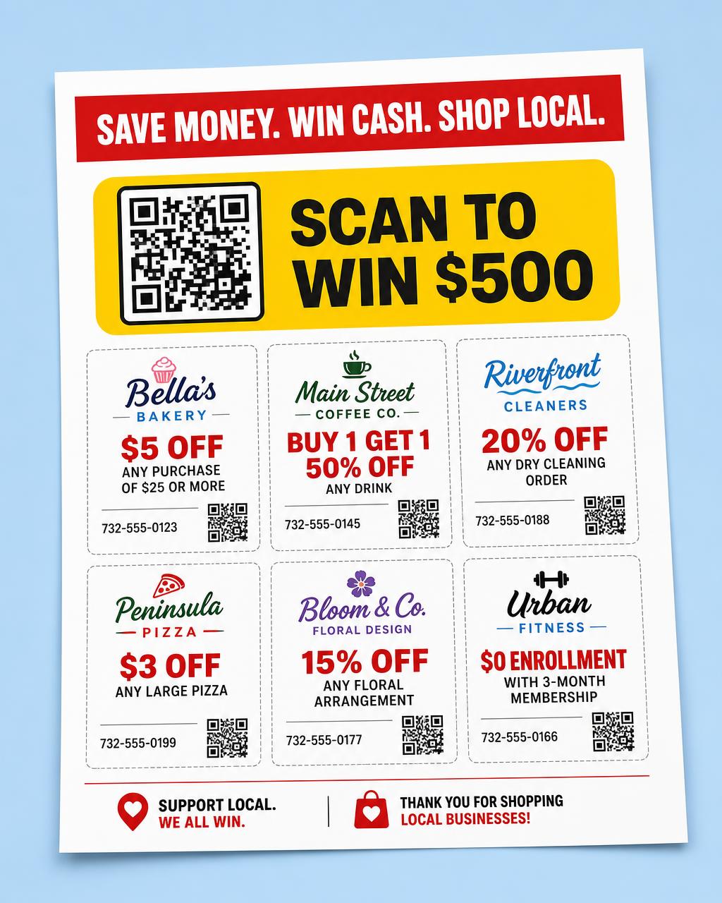 Money Mail coupon sheet with a scan to win $500 cash drawing callout and local business offers